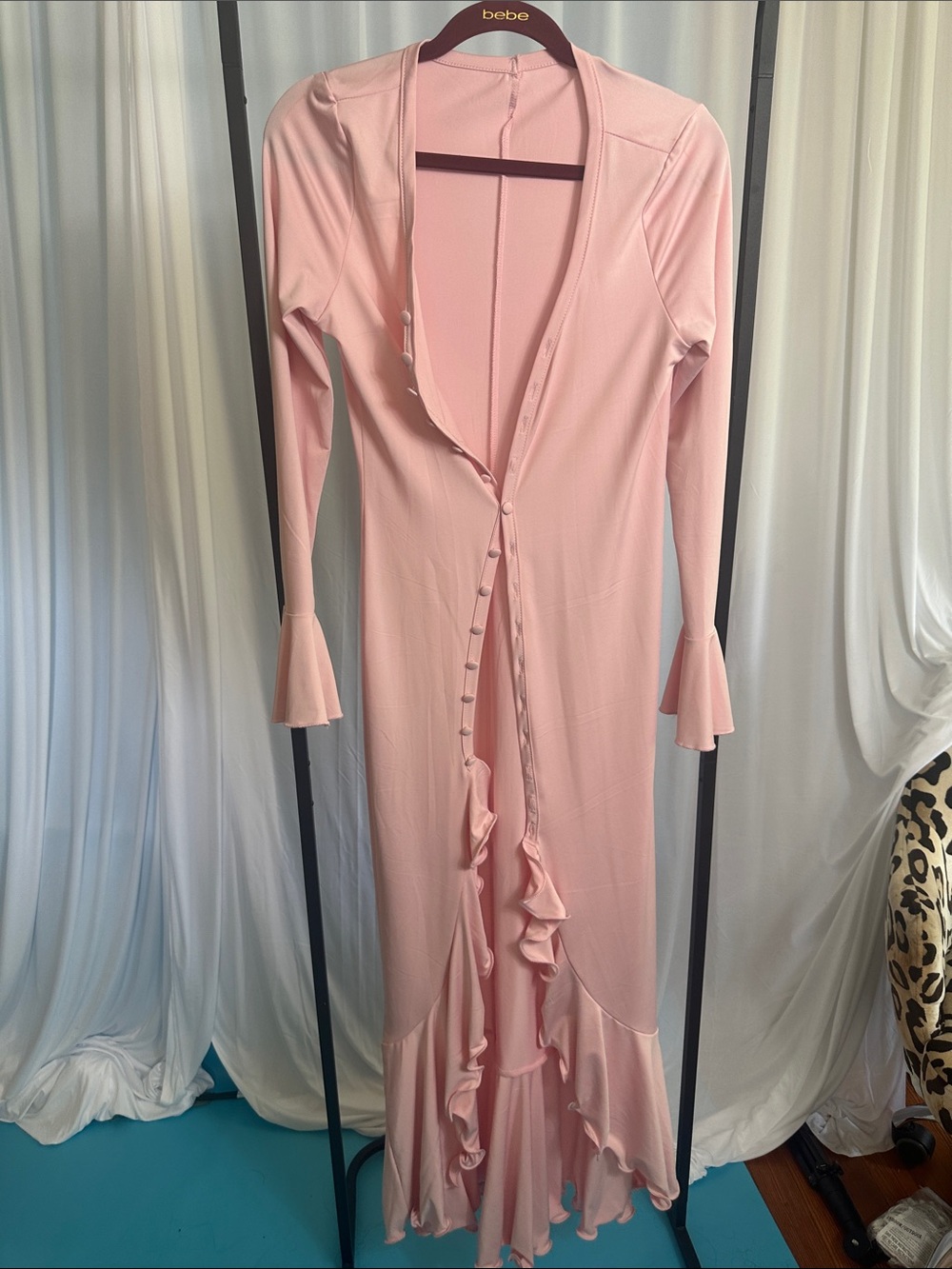 bebe Pink Long Sleeve Ruffle Button-Front Maxi Dress